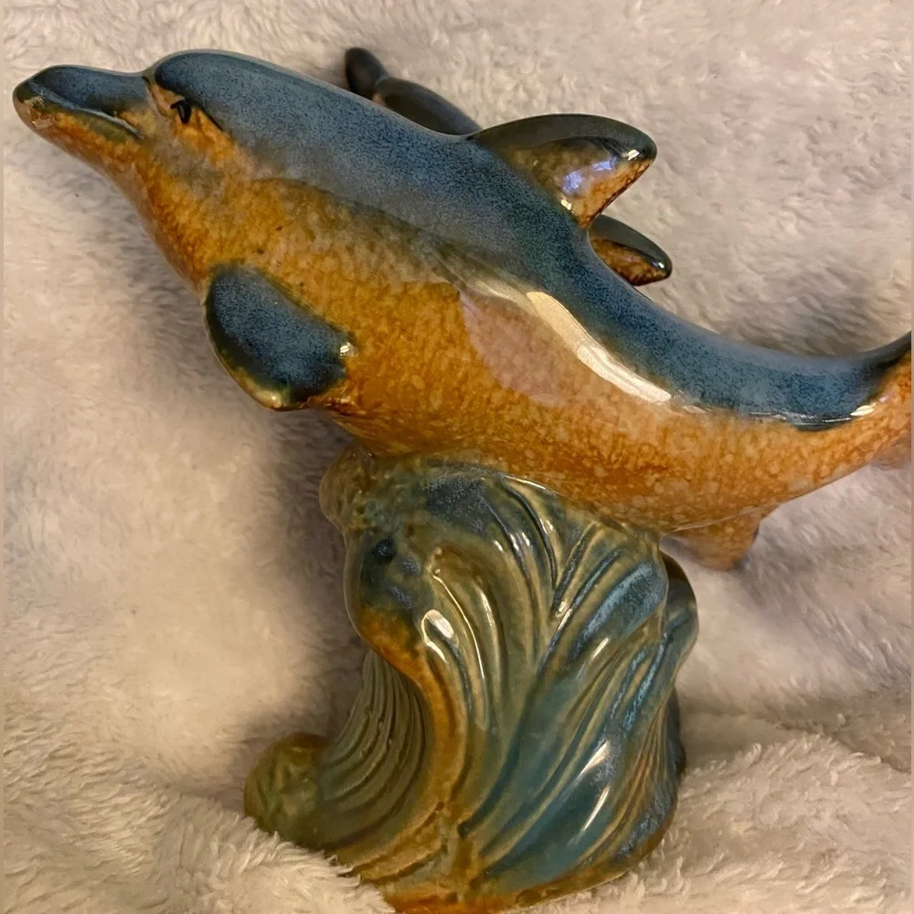 Glazed Pottery Dolphins Figure School Of Dolphins 5”x7